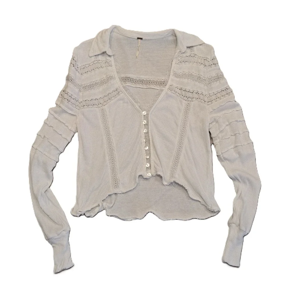 Free People White Lace Detail Collared Knit Cropped Cardigan Shirt M